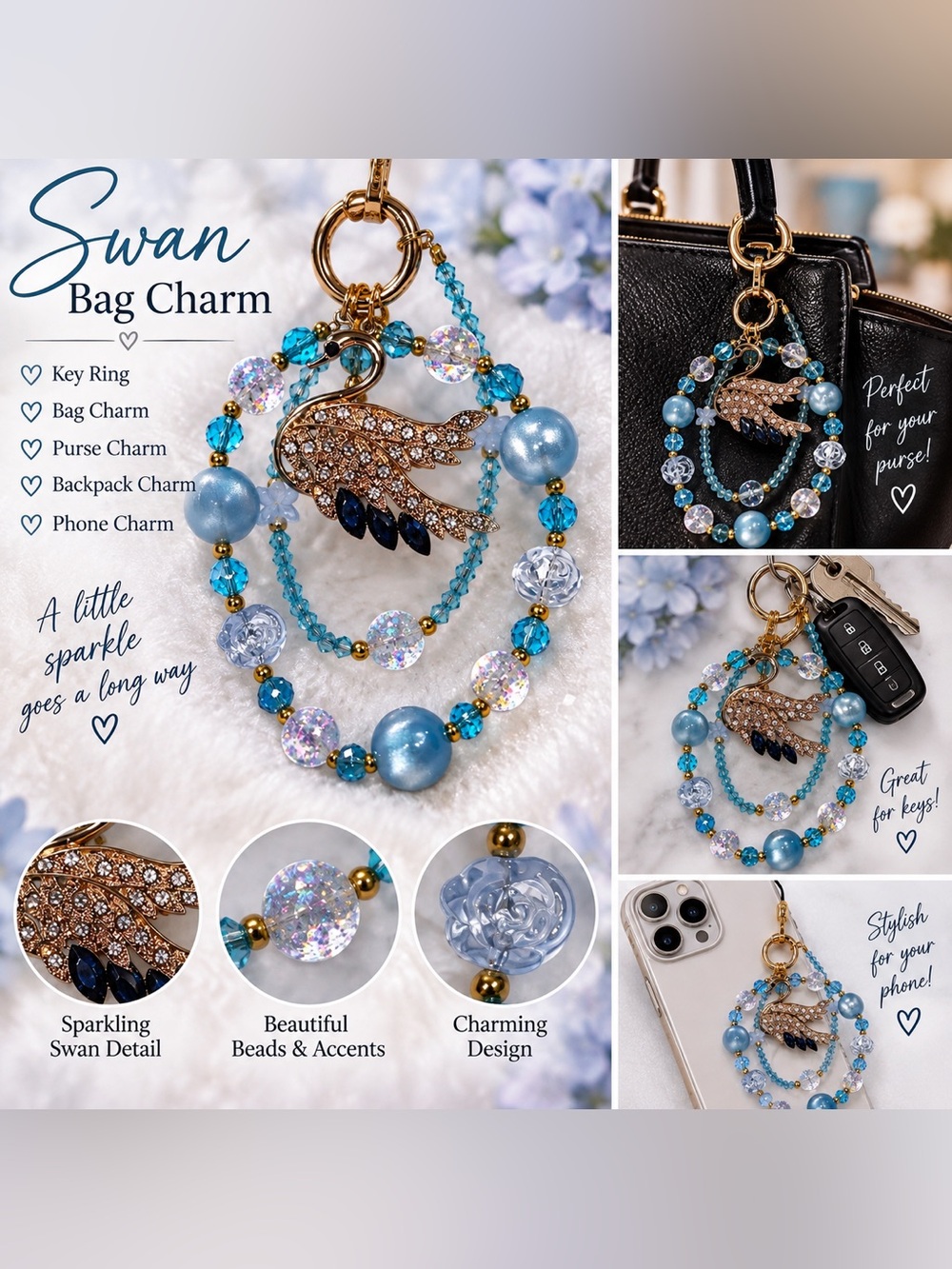 Crystal Blue Swan Keychain Charm - Women Jewelry